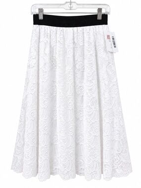 LuLaRoe White Lace Midi Skirt with Black Waistband